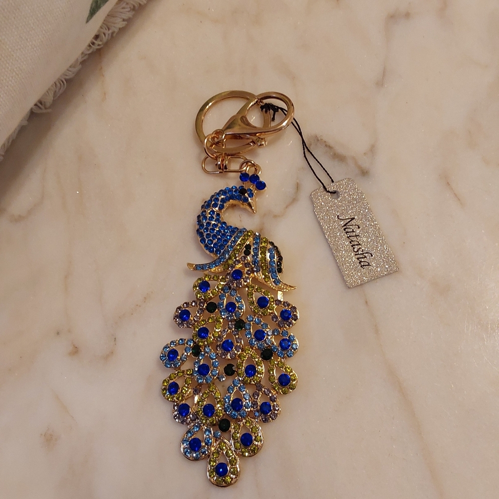 NWT Natasha Large Peacock Bag Charm, Rhinestones And Golden Key Chain